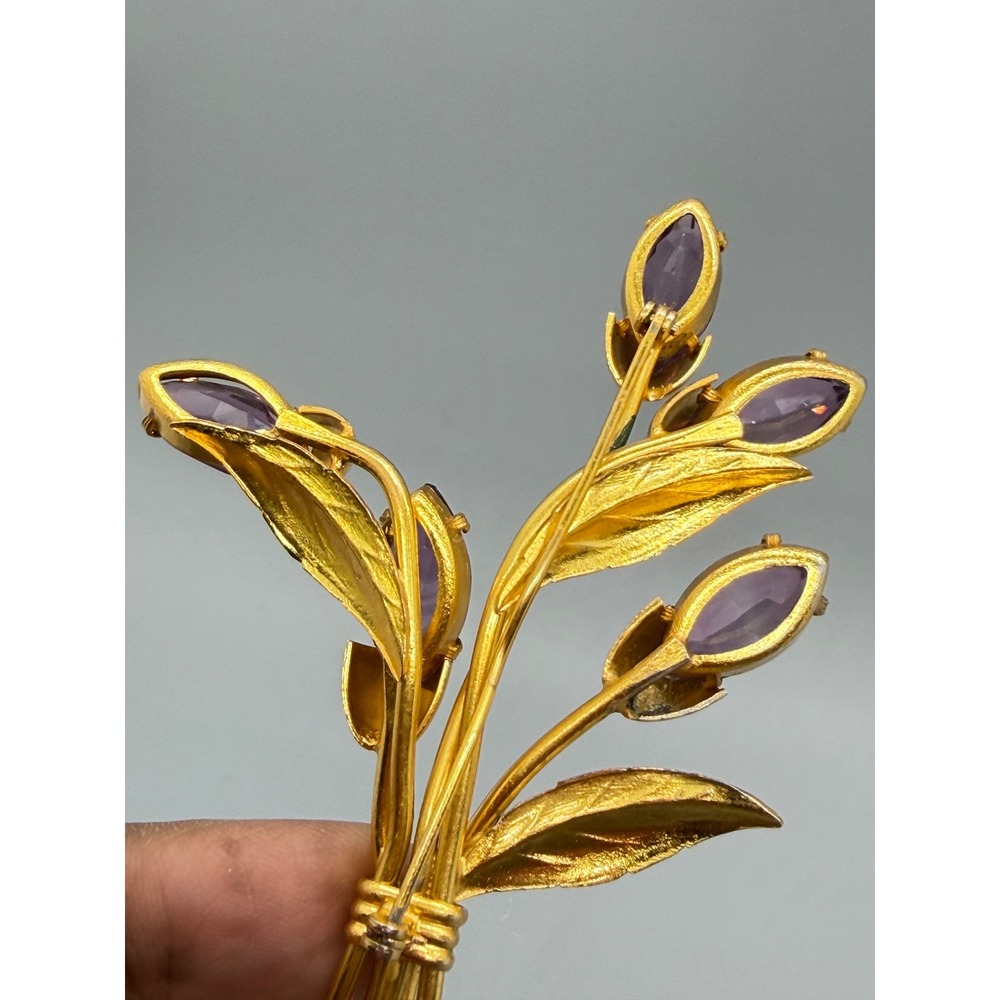 Vintage Gold Tone Purple Glass Enamel Flower Bouquet Brooch Large Statement - Picture 13 of 14